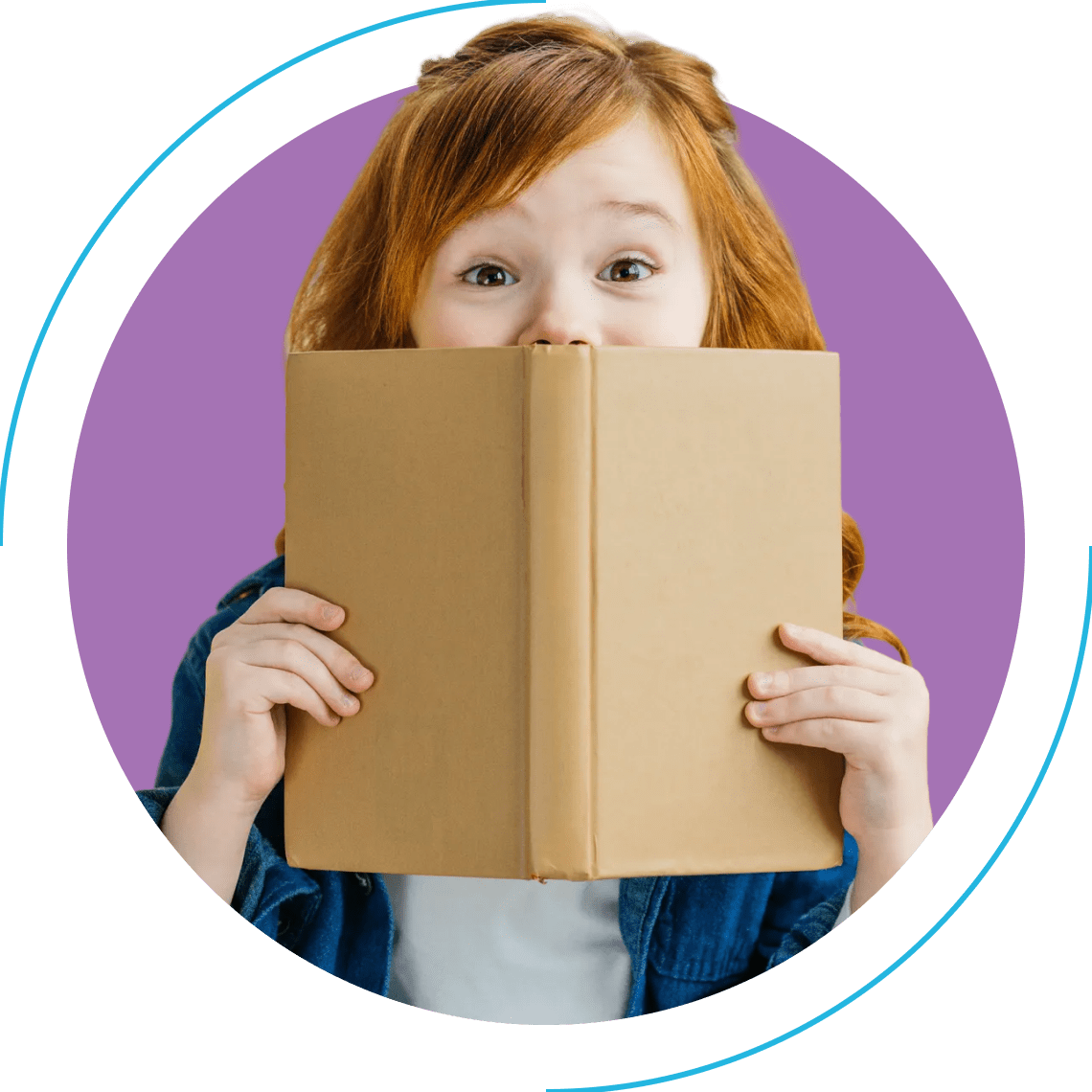 Child holding a book, surprised expression